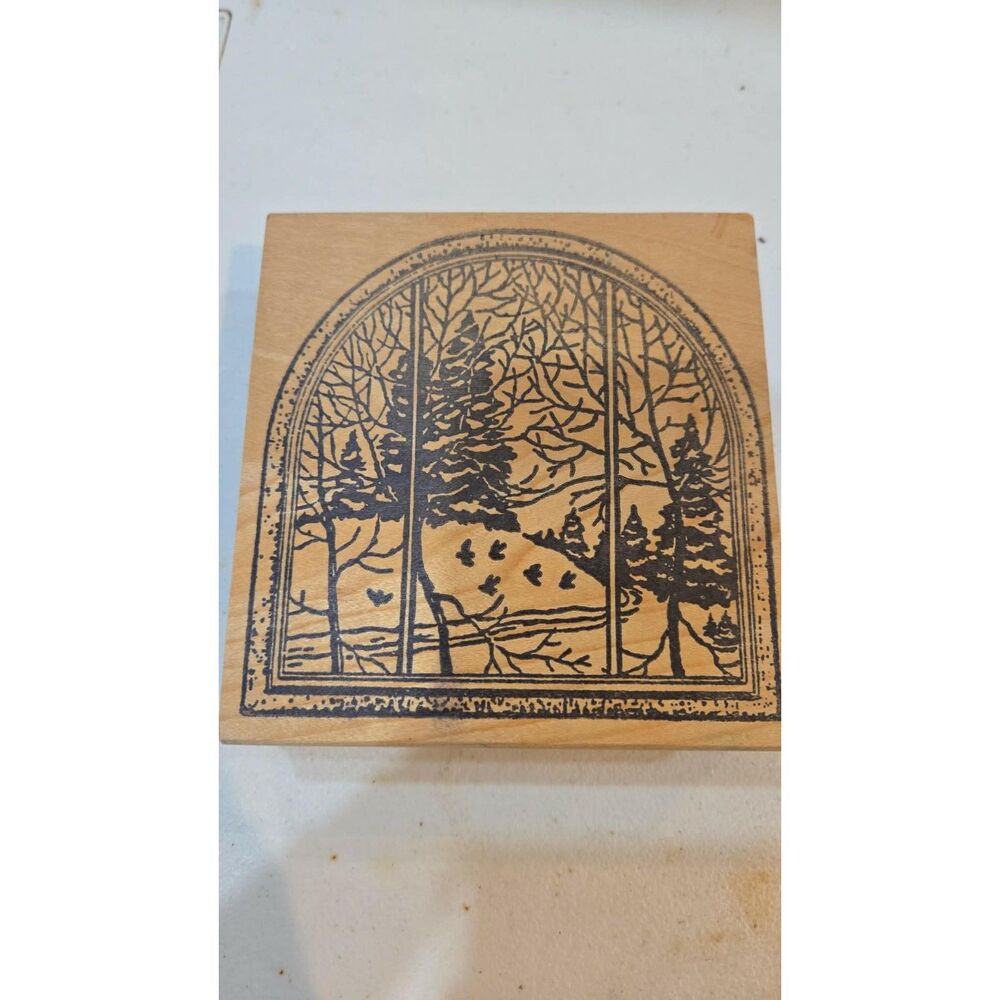 Magenta Rubber Stamp Archered Window Pane Winter Scene Pine Trees Nature Holiday